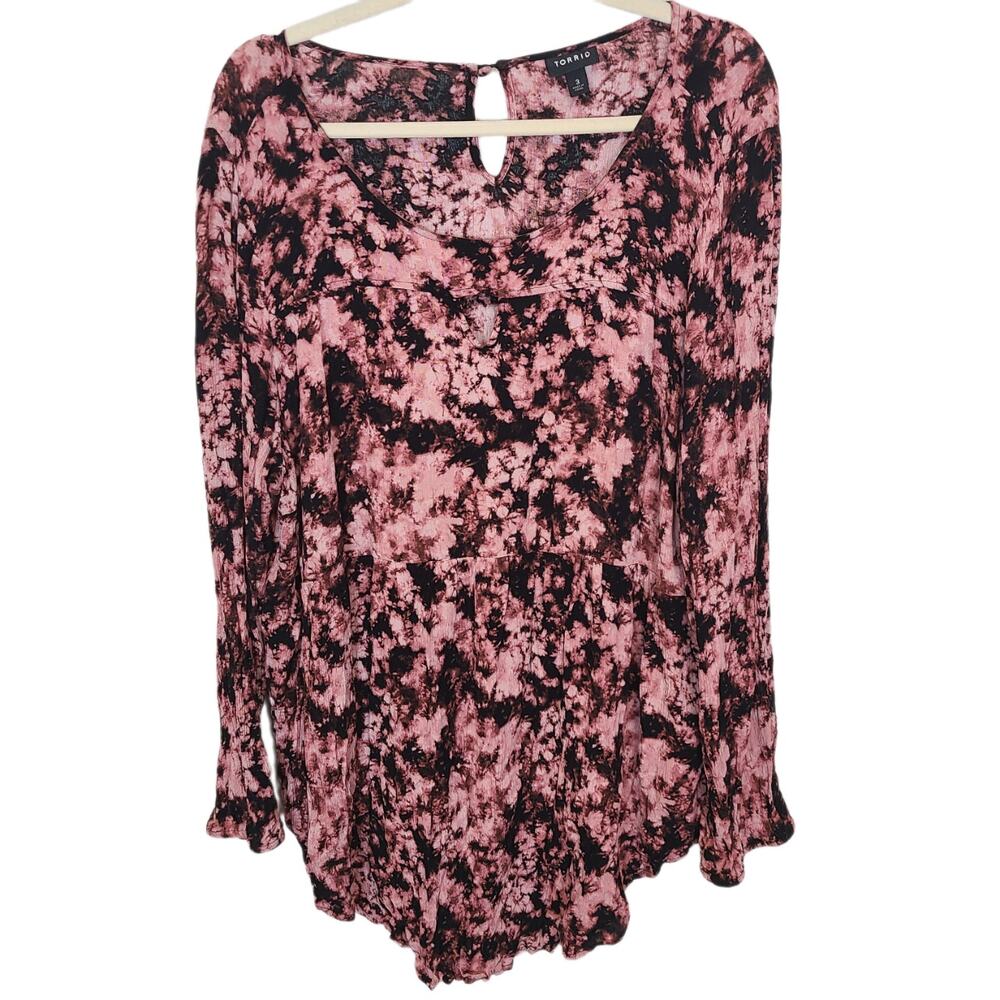 Torrid Top Tunic Top Womens 3X Red Blouse Keyhole Top Long Sleeve Blouse Tie Dye